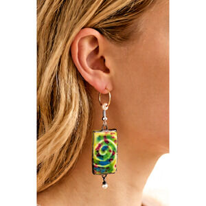 Handmade Fused Green Yellow Red Glass Silver outline pearl drops Earrings Boho